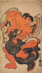 Kintarō Wrestling with a Black Bear. woodblock print by Torii Kiyomasu