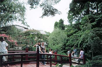 Walking along a park bridge in Japan