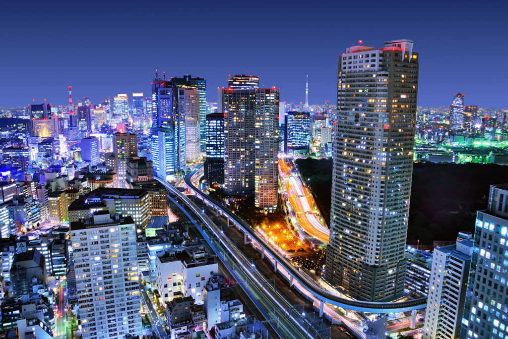 Tokyo night view train tracks