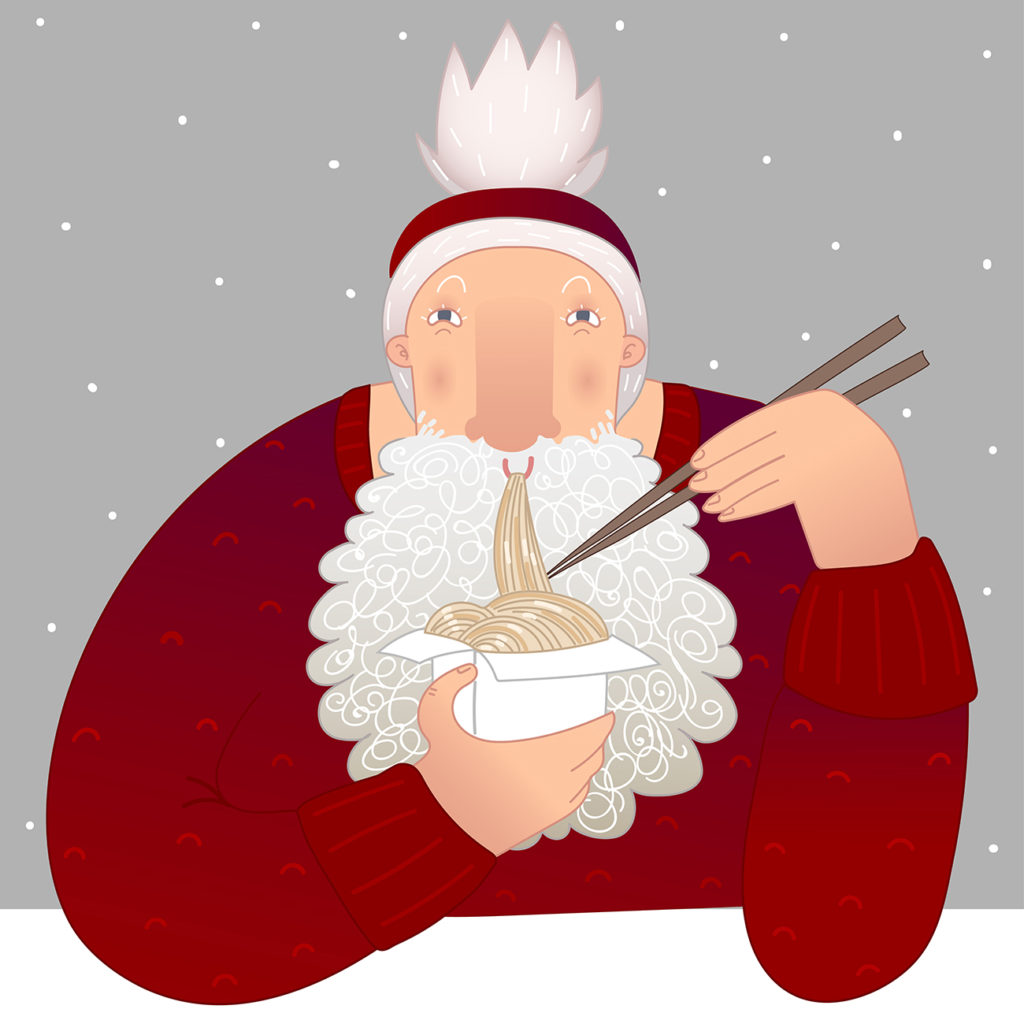 Santa eating noodles