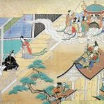 Princess Kaguya returns to the moon. Taketori Monogatari (竹取物語, The Tale of the Bamboo Cutter) 日本語 月へ帰って行くかぐや姫。竹取物語, circa 1650