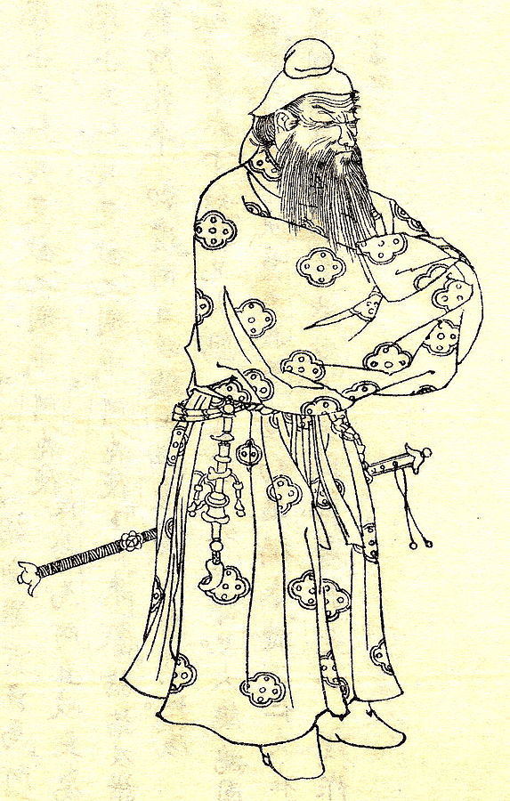 Takeshiuchi-no Sukune was Japanese politician and a legend in the early stages of Yamato Imperial Court. This picture was drawn by Kikuchi Yosai（菊池容斎） who was a painter in Japan.
