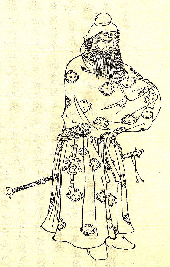 Takeshiuchi-no Sukune was Japanese politician and a legend in the early stages of Yamato Imperial Court. This picture was drawn by Kikuchi Yosai(菊池容斎) who was a painter in Japan.