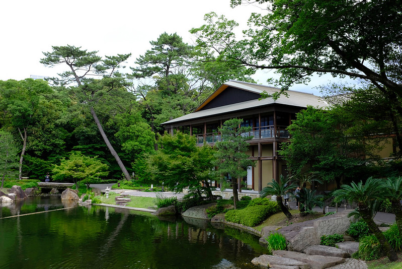 Traditional Japanese style house by a garden pond