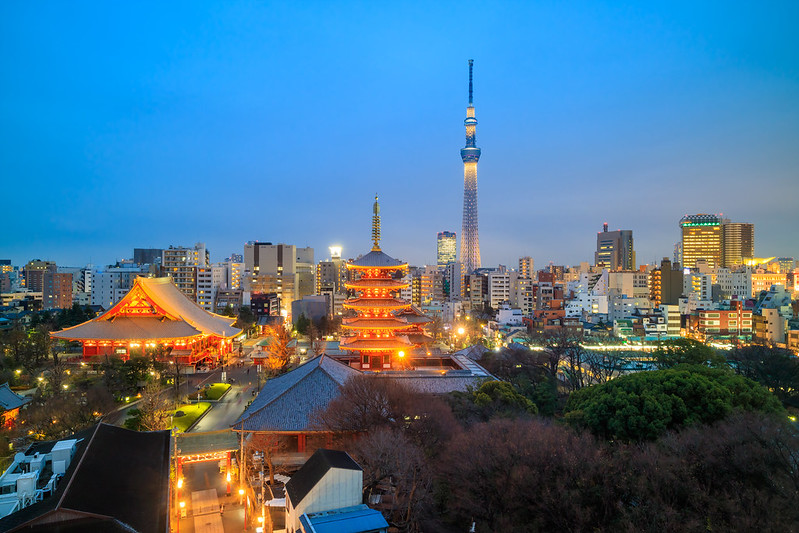 View of Tokyo skyline with Senso-ji Temple and Tokyo skytree at twilight.