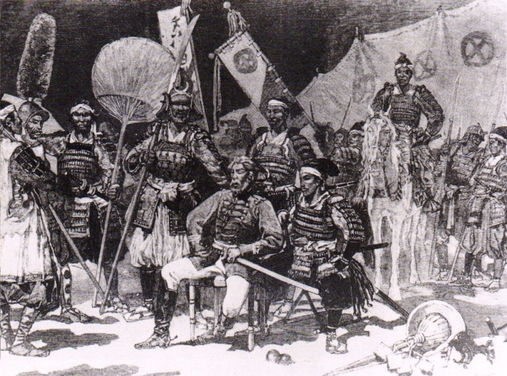 Saigo Takamori with his officers, from Le Monde Illustre, 1877.