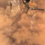 Painting by Eitaku Kobayashi showing Izanami and Izanagi consolidating the land with the spear "Ama-no-Nuboko"