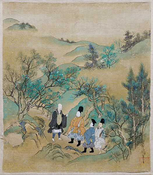 Episode 9 of the Tales of Ise: journeying to the East, the hero gives a poem to a hermit on mount Utsu; corresponding calligraphy by a courtier.