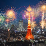 Fireworks new year celebrating over tokyo cityscape at night