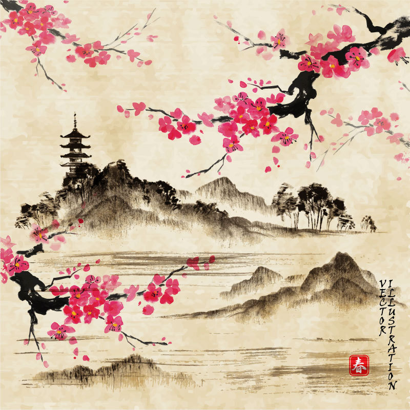 Graphic of landscape with sakura