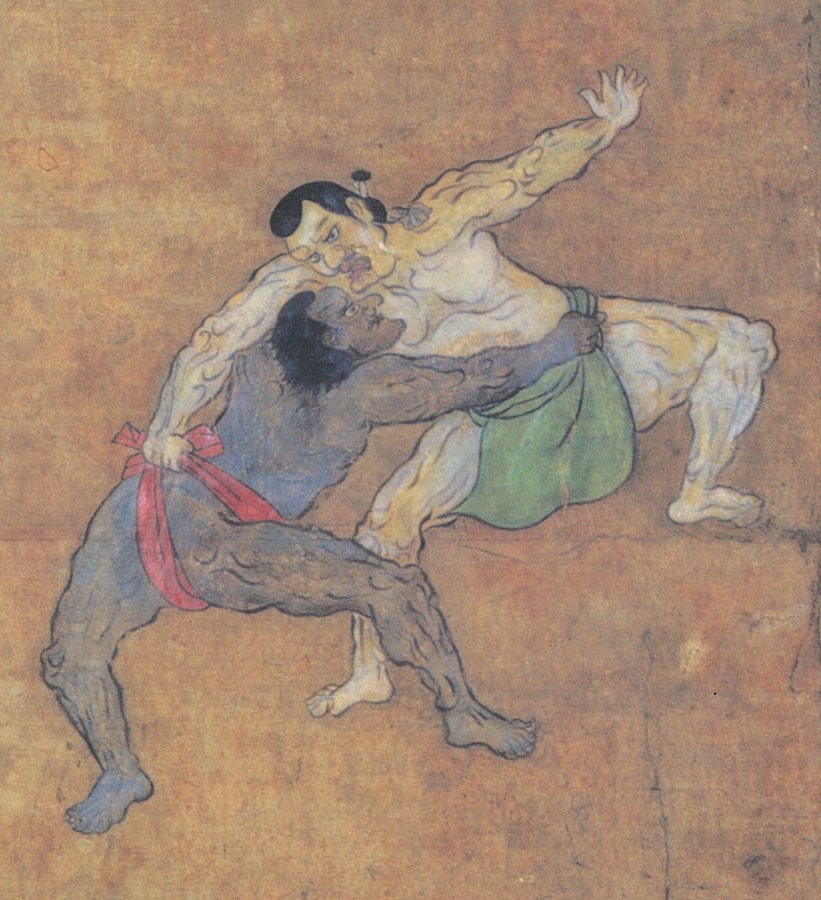 Sumō yūrakuzu byōbu, Detail: A black man wrestling with Japanese. This is a possible artwork depicting Yasuke, circa 1605.