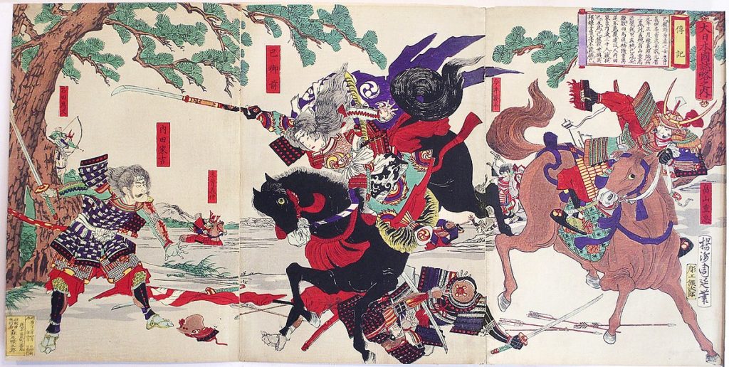 Tomoe Gozen wields a naginata on horseback with Uchida Ieyoshi and Hatakeyama no Shigetada.