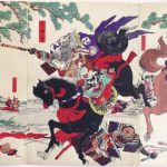 Tomoe Gozen wields a naginata on horseback with Uchida Ieyoshi and Hatakeyama no Shigetada.