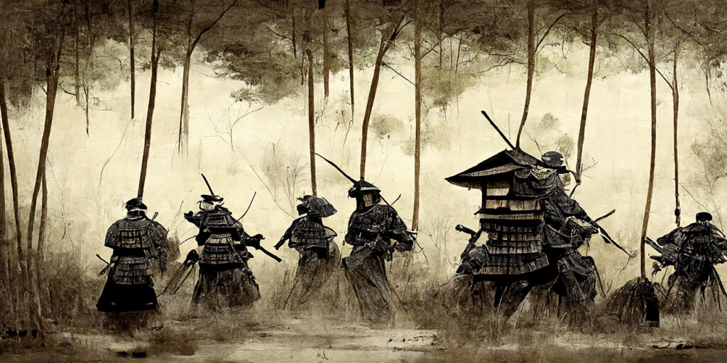 Anime style, Japanese samurai army fighting with enemy, large scene, battlefield, in Japanese black outline style and colors