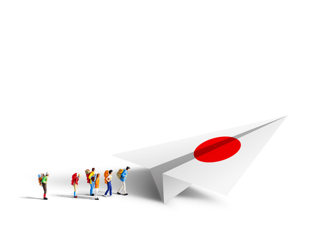 Miniature backpackers walking to the paper Japan airplane on white background