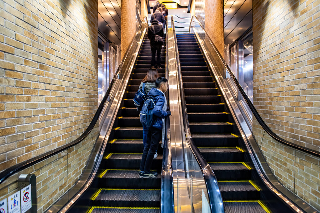 KOBE, JAPAN - DECEMBER 28, 2018 : Escalator or elevator at Kobe-Sannomiya station is located in the heart of Kobe. This station is beautiful and the main railway terminal of Kobe, Japan.