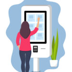 Woman using self-service payment and information electronic terminal with touch screen. Vector illustration in flat style