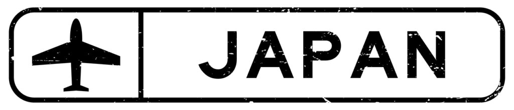 Grunge black japan word with plane icon square rubber seal stamp on white background
