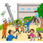Firefighters giving evacuation orders with people fleeing by earthquake
