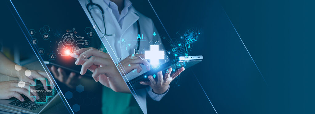 Telemedicine AI technology, doctor use AI telemedicine for diagnosis, care, health and treatment patient in future, Medical research and development innovation technology to improve healthcare