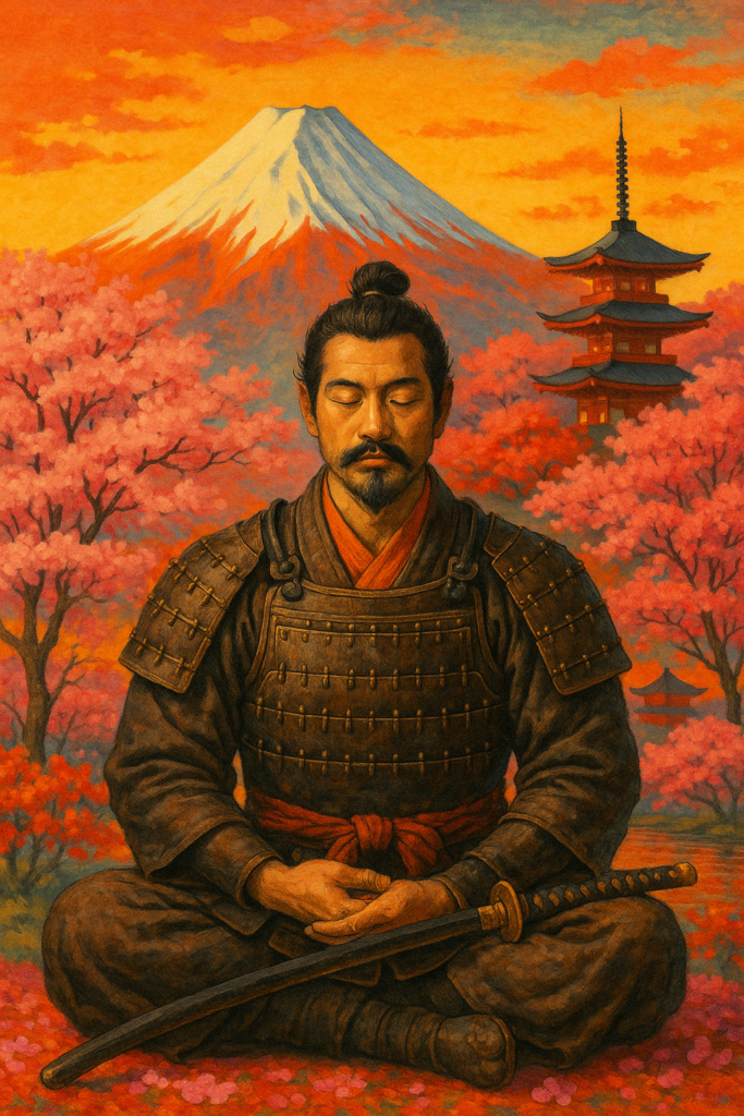 Serene samurai warrior with Japan scene