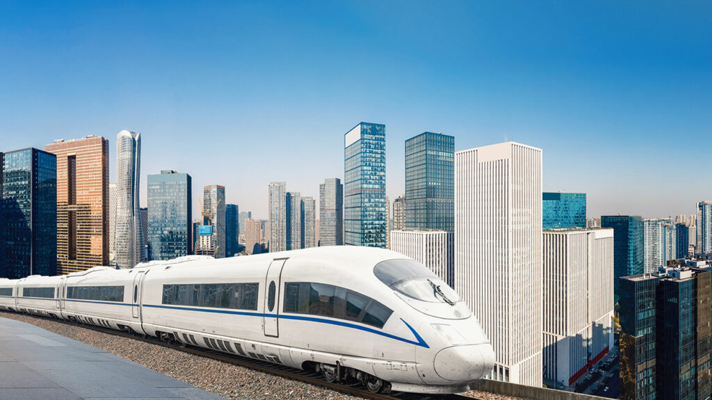 High-Speed Train in Modern Urban Cityscape