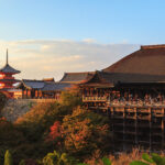Landscape of Kiyomizu-dera ancient temple at sunset during autumn season, the most popular travel destination in Kyoto, Kansai, Japan