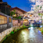 Kyoto, Japan at the Shirakawa River in the Gion District during the spring cherry blosson season.