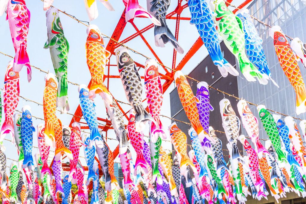 Colorful carp streamers flying in the sky in Japan.