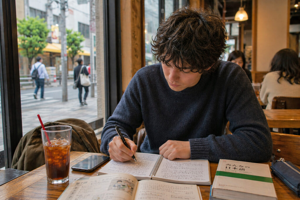 student studying in Japanese cafe