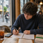 student studying in Japanese cafe