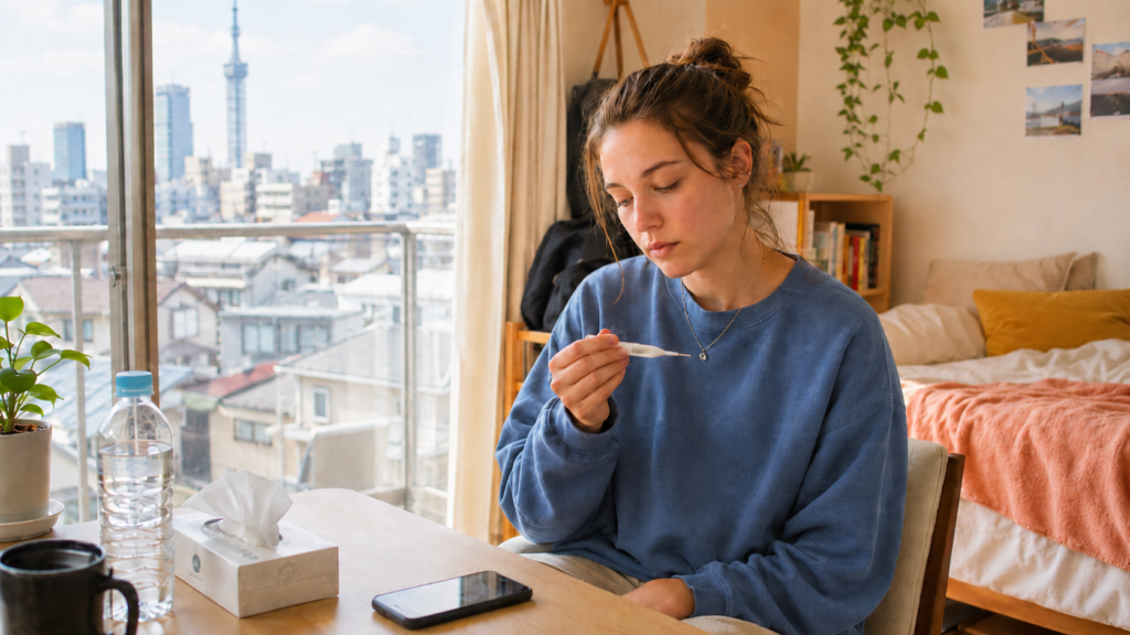 sick young lady looking at thermometer