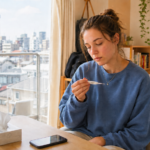 sick young lady looking at thermometer
